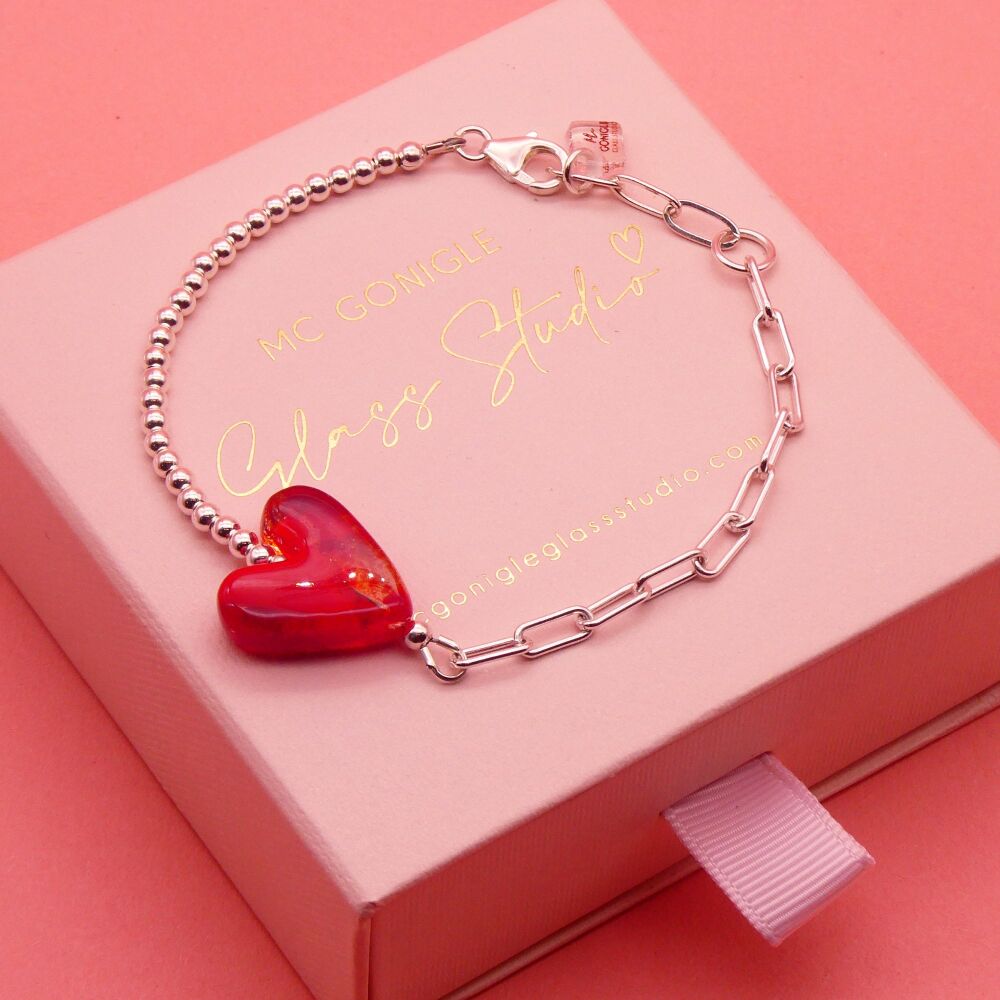 Red glass heart on a silver Long link bracelet