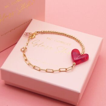 Red glass heart on a Gold filled Long link bracelet