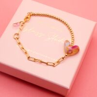 Multicoloured glass heart on a Gold filled Long link bracelet