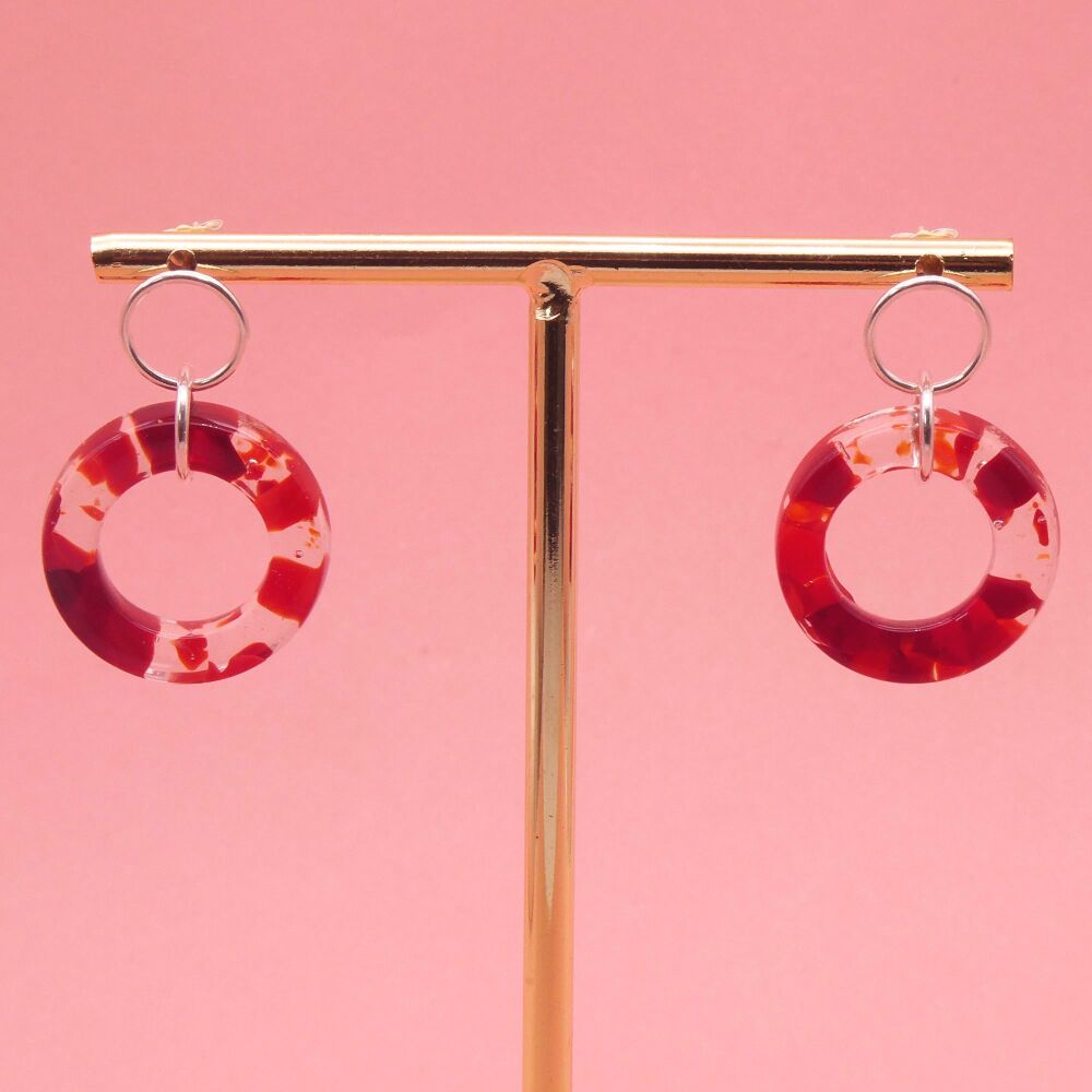 Medium Geo Circle drop earrings- Red and clear glass