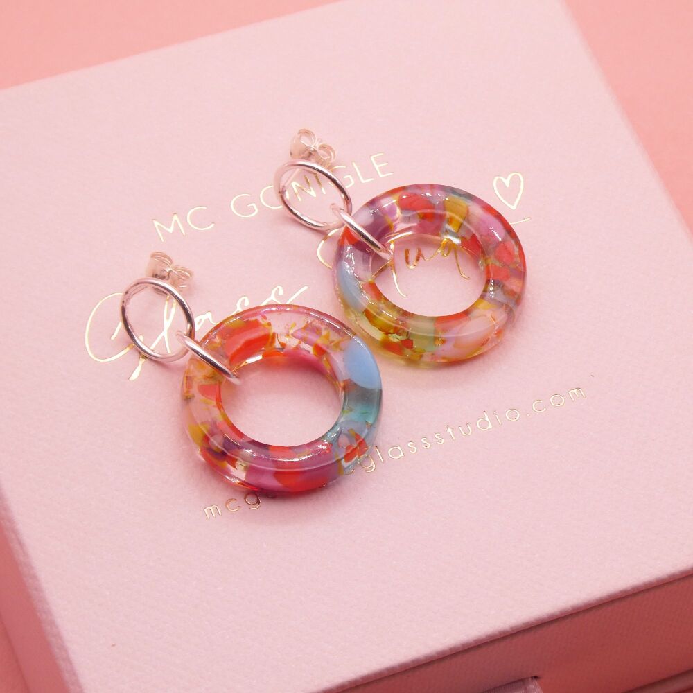 Multicoloured Glass Geo Circle drop earrings