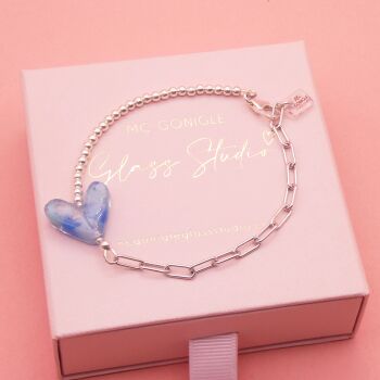 Blue glass heart on a silver Long link bracelet