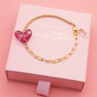 Red and pink  glass heart on a Gold filled Long link bracelet
