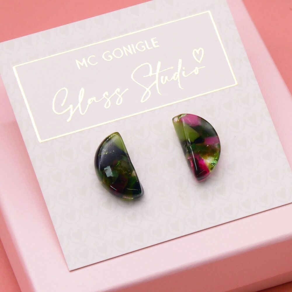 Large green and pink half moon studs