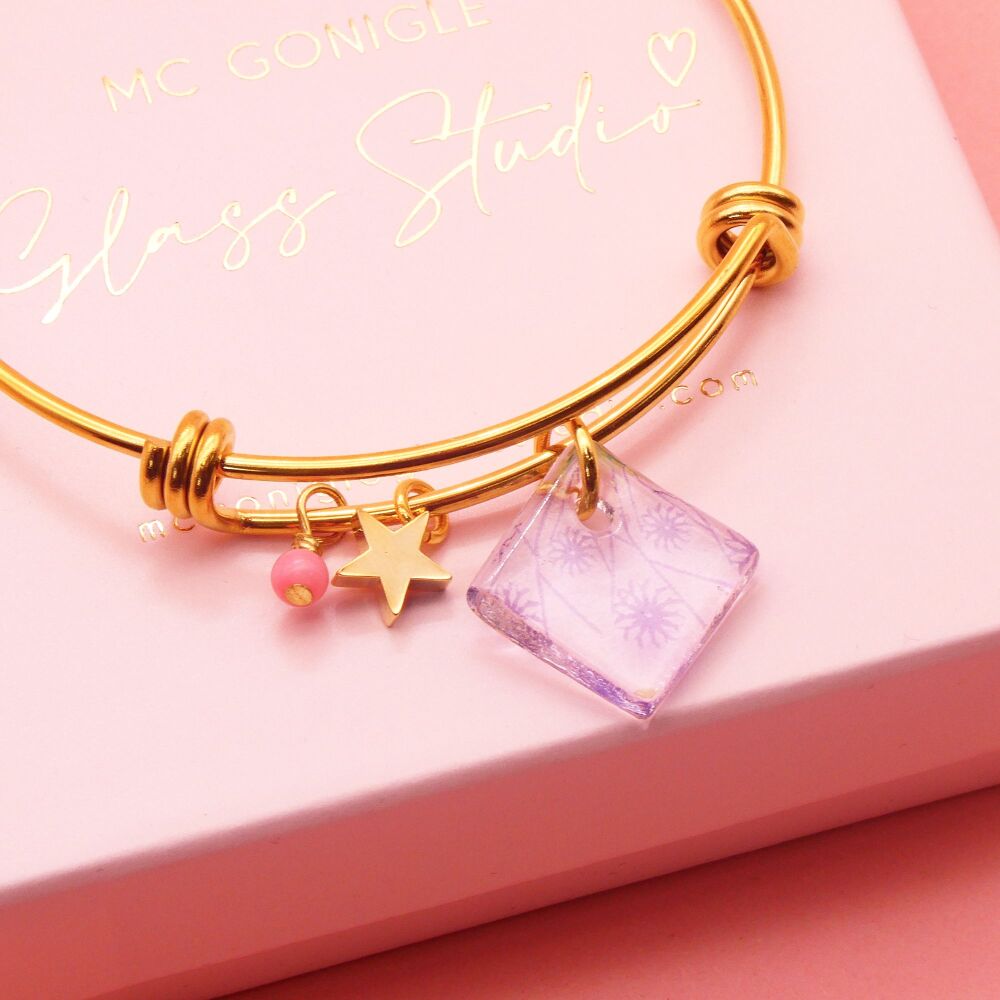 Lilac Glass Tile  On a 14K Gold Plated Bangle