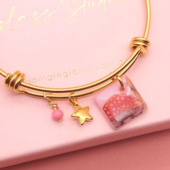 Pink Mushroom Glass Tile  On a 14K Gold Plated Bangle