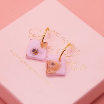 Pink Bee and Bunny tile gold hoop earrings