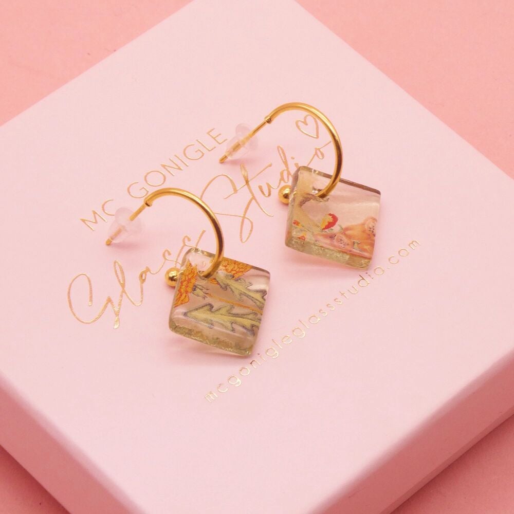 Transparent green tile gold hoop earrings