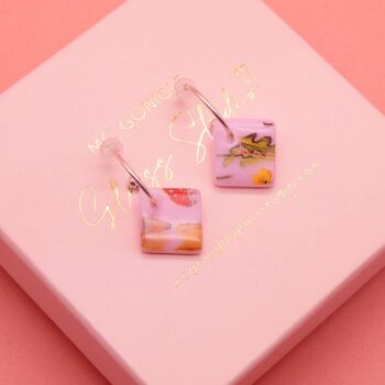 Pink tile silver hoop earrings