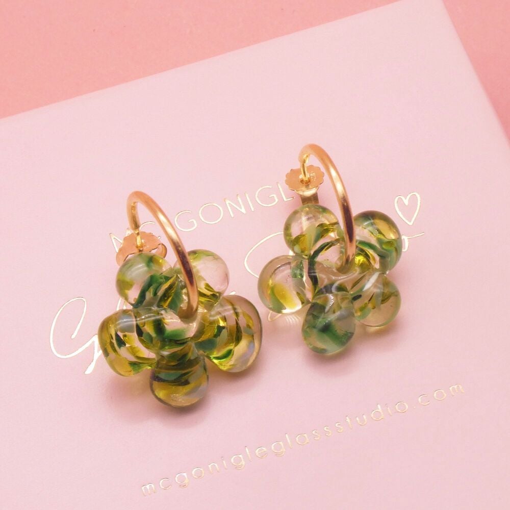 Green Marbled glass Flower earrings on gold filled hoops