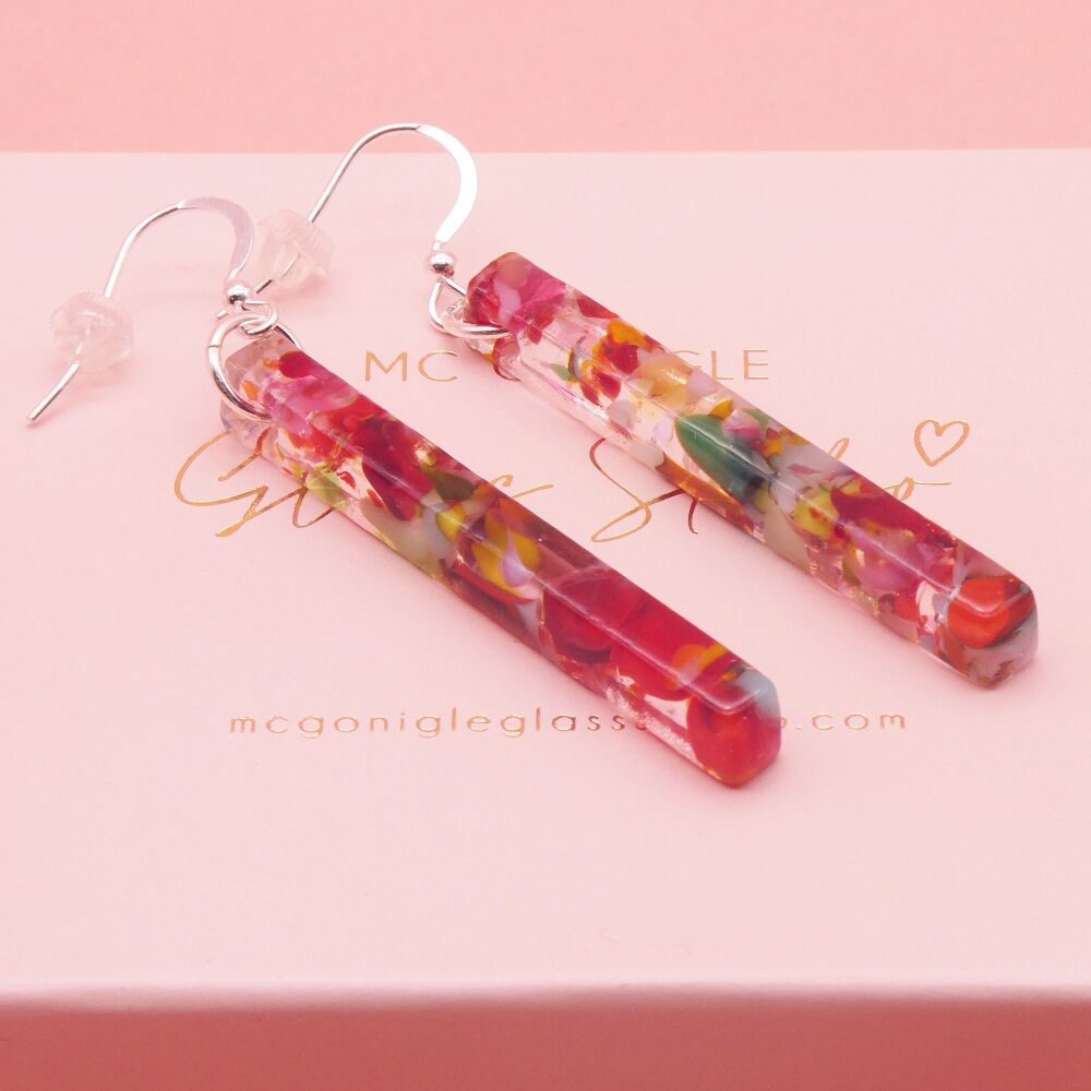 Multicoloured Red Glass Pillar Earrings