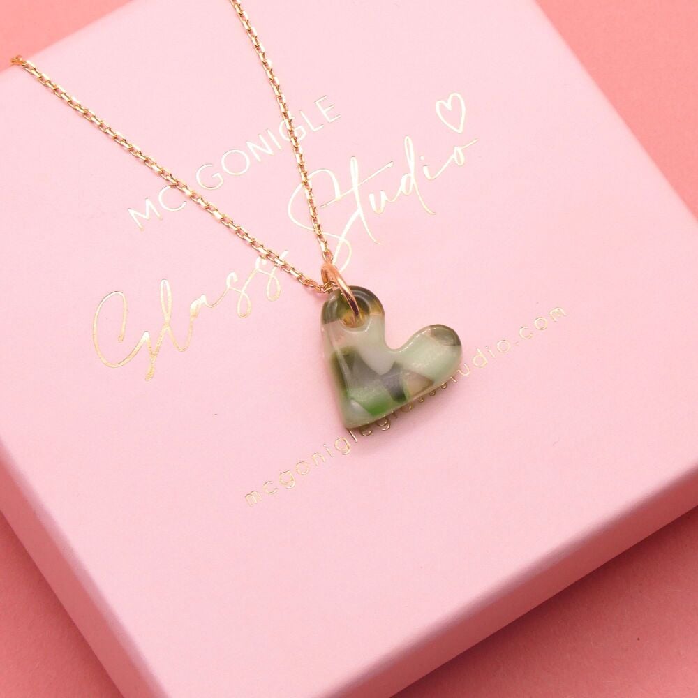 Green glass heart on a gold filled chain