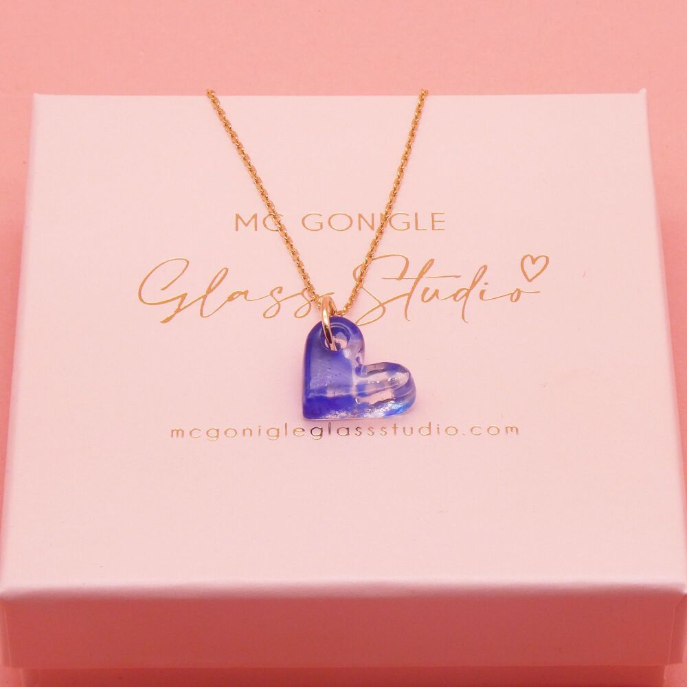 Blue glass heart on a gold filled chain