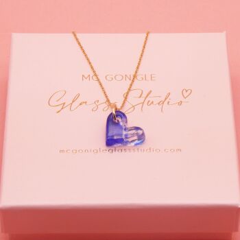 Blue glass heart on a gold filled chain