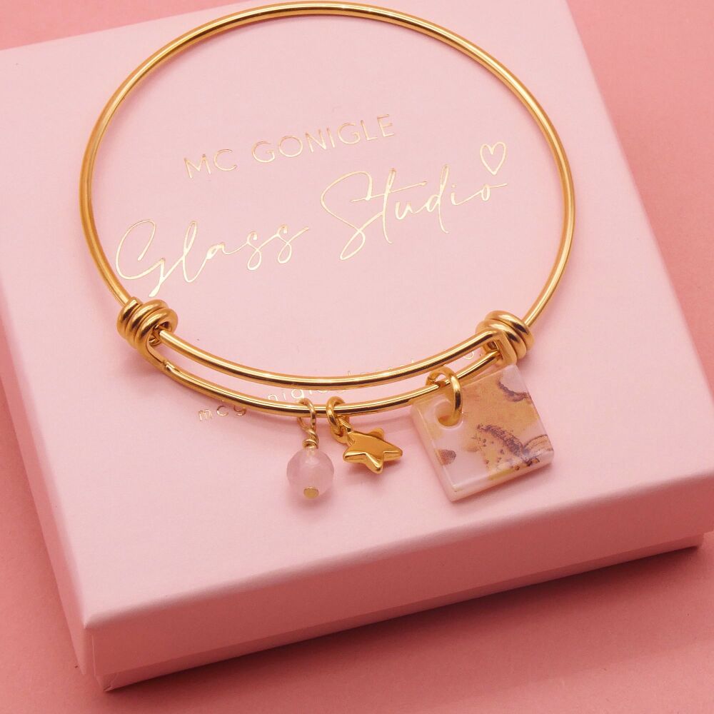 Light Peach Glass Tile  On a 14K Gold Plated Bangle