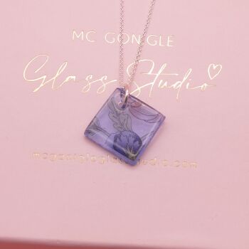 Blue floral glass tile necklace