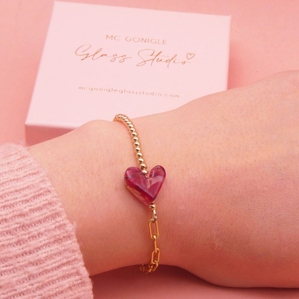 Red glass heart on a Gold filled Long link bracelet