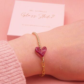 Red glass heart on a Gold filled Long link bracelet