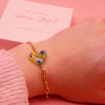 Spring glass heart on a Gold filled Long link bracelet