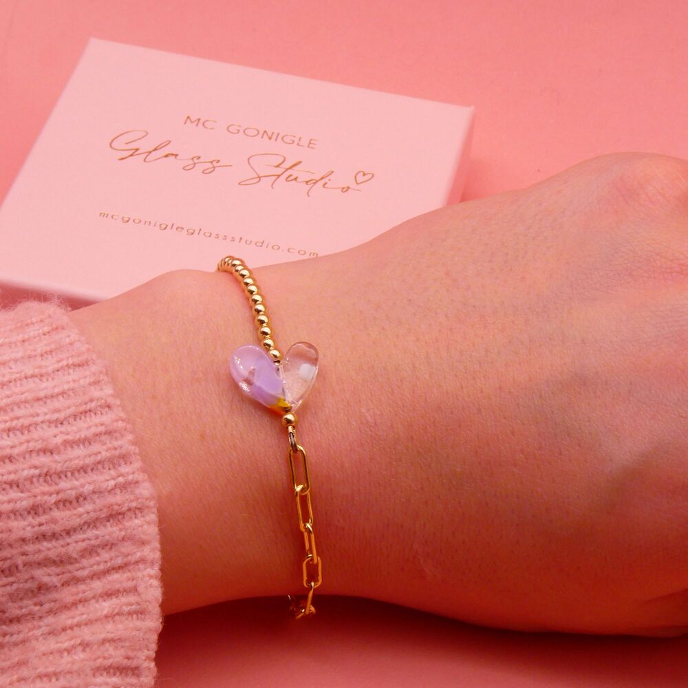 Lilac glass heart on a Gold filled Long link bracelet