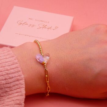 Lilac glass heart on a Gold filled Long link bracelet