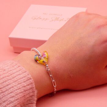 Spring glass heart on a silver Long link bracelet