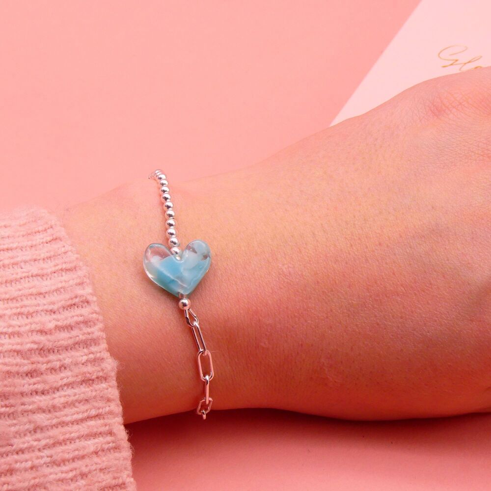 Turquoise Blue glass heart on a silver Long link bracelet