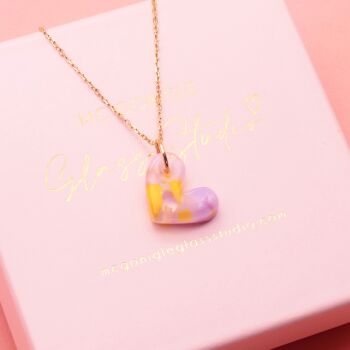 Lilac and Yellow glass heart on a gold filled chain