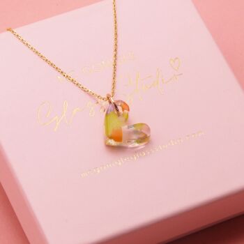 Multicoloured glass heart on a gold filled chain