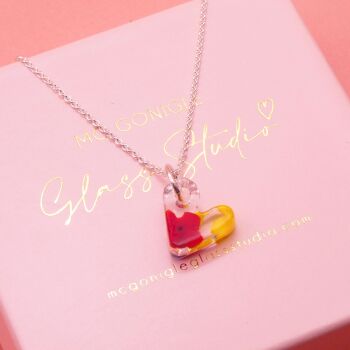 Red and Yellow glass heart on silver