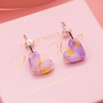 Lilac and Yellow carved heart Hoop earrings