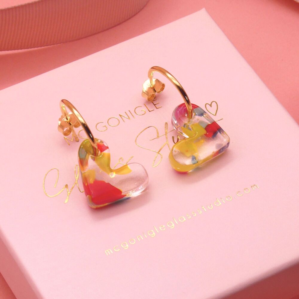 Freckled glass heart earrings on gold filled hoops