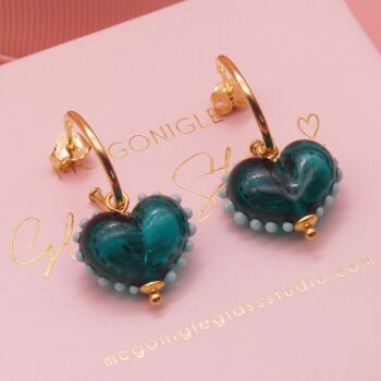 Dotty Teal glass heart earrings on gold filled hoops