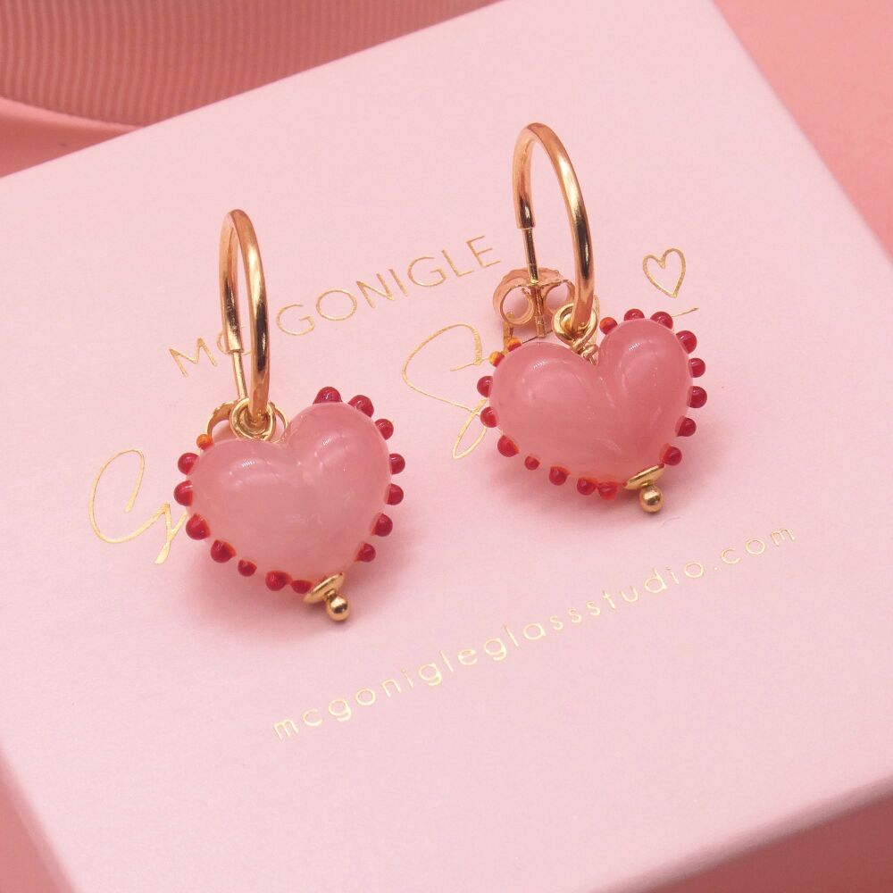 Dotty Pink glass heart earrings on gold filled hoops