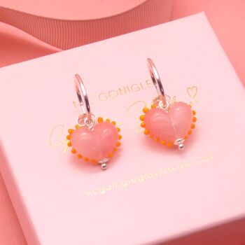 Dotty Pink and orange glass heart earrings on silver hoops