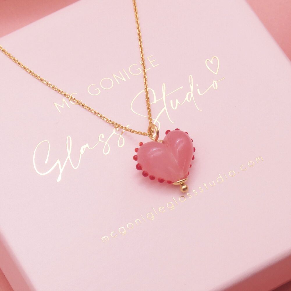 Dotty Pink glass heart on a gold filled chain