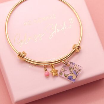 Pink paisley Glass Tile  On a 14K Gold Plated Bangle