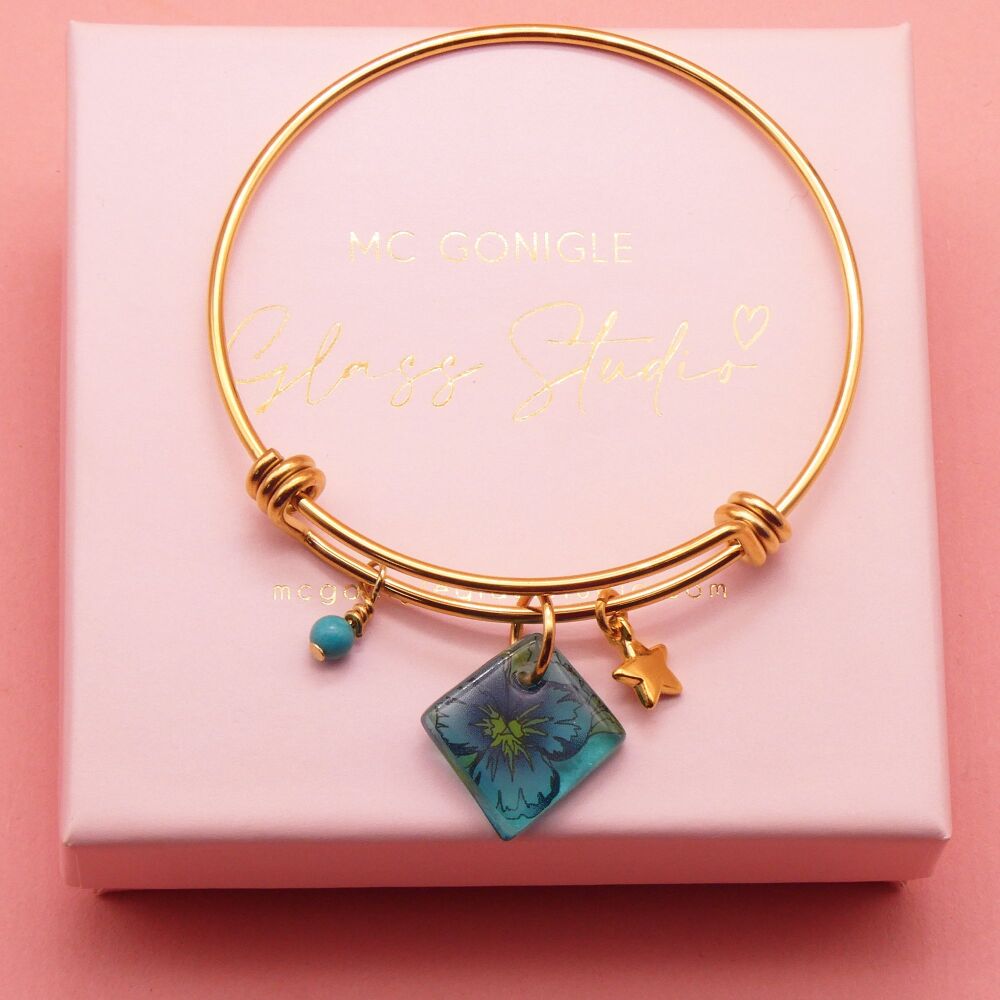 Teal Flower Glass Tile  On a 14K Gold Plated Bangle