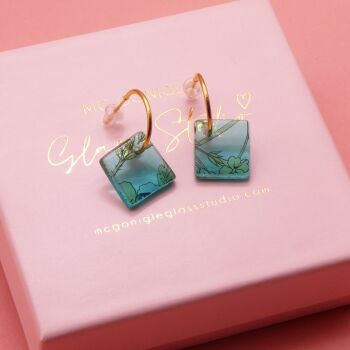 Teal tile hoop earrings-Gold/Silver