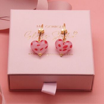 Pink and Red glass heart earrings on gold filled hoops