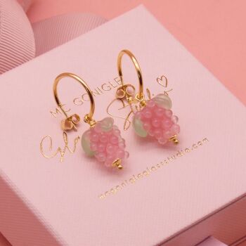Pink glass Raspberry earrings on gold filled hoops