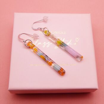 Multicoloured Glass pillar earrings on Sterling Silver.