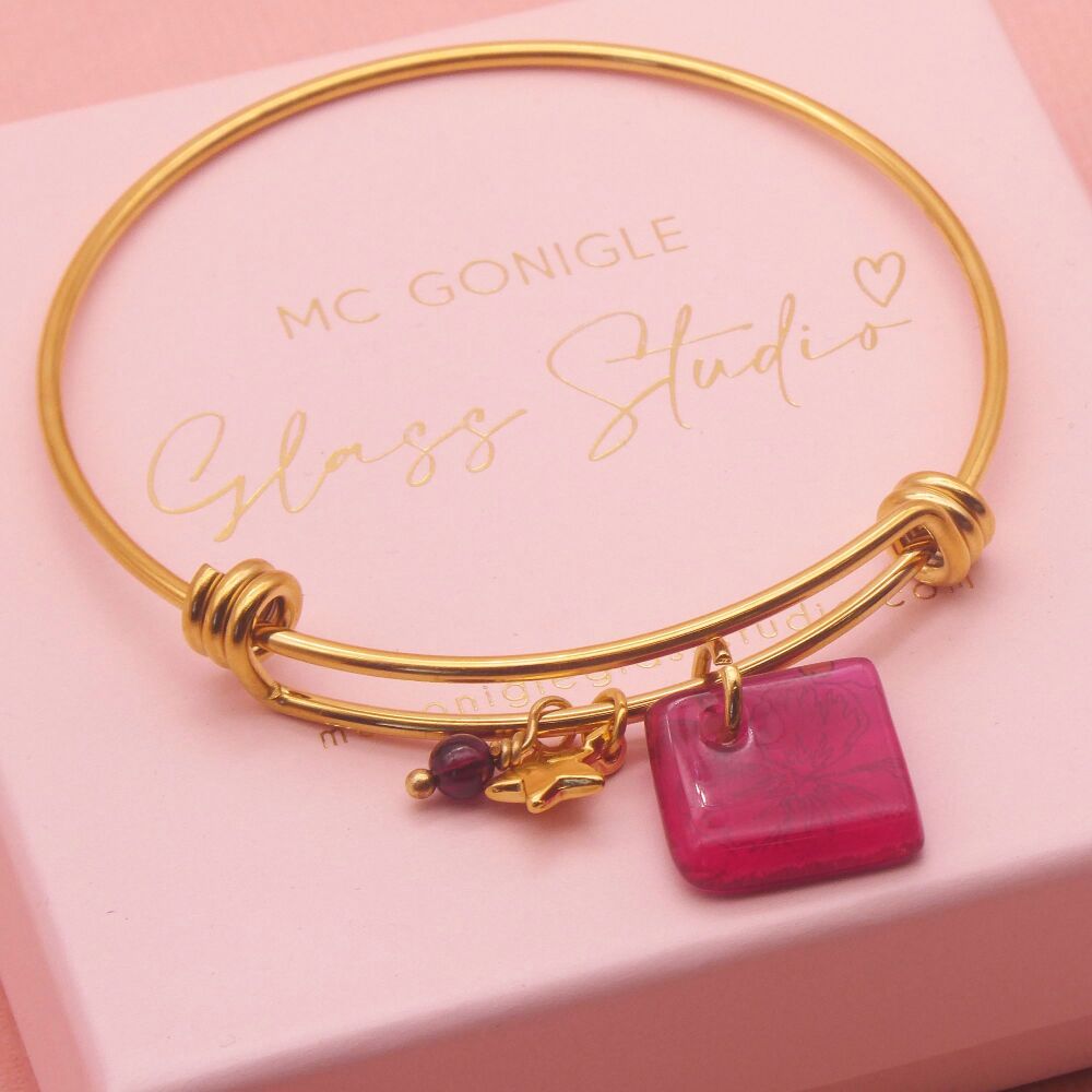 Raspberry Pink Glass Tile  On a 14K Gold Plated Bangle