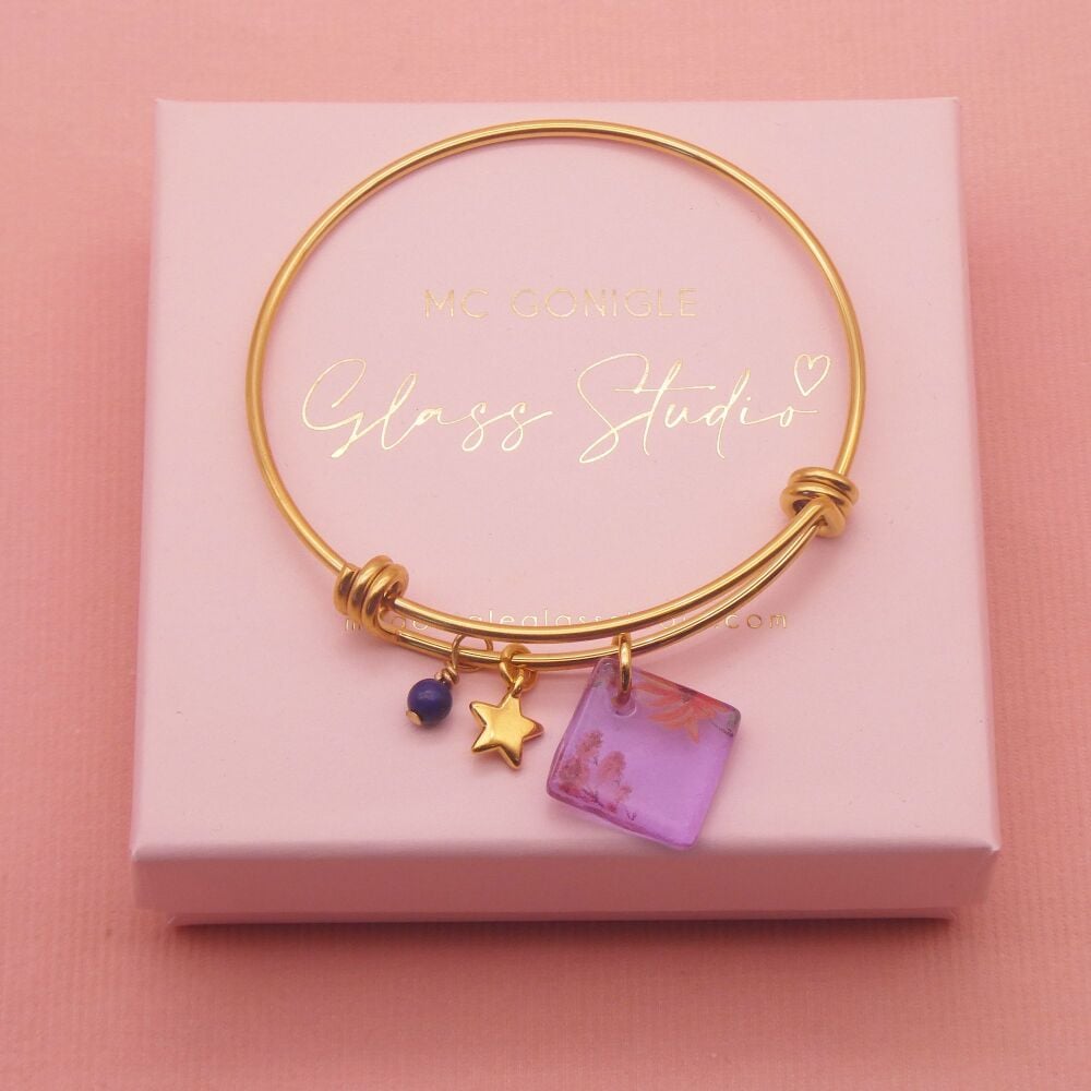 Purple Glass Tile On a 14K Gold Plated Bangle