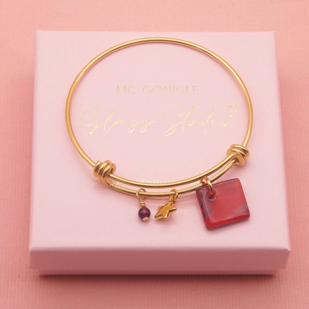 Rust Orange Glass Tile On a 14K Gold Plated Bangle
