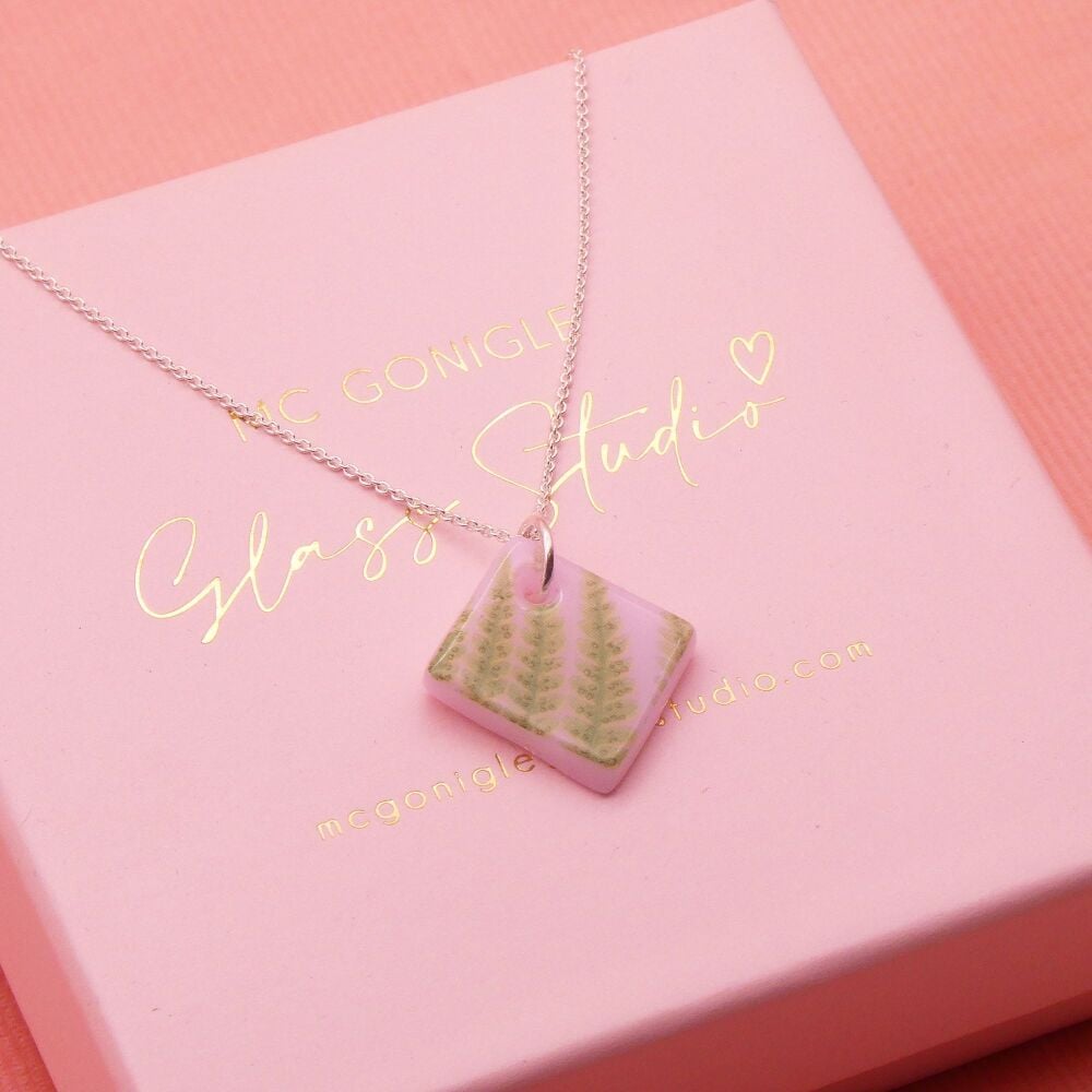 Pink Fern glass tile necklace