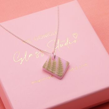 Pink Fern glass tile necklace