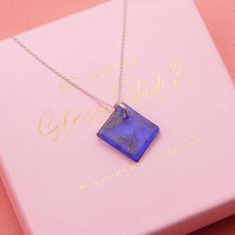 Blue glass tile necklace
