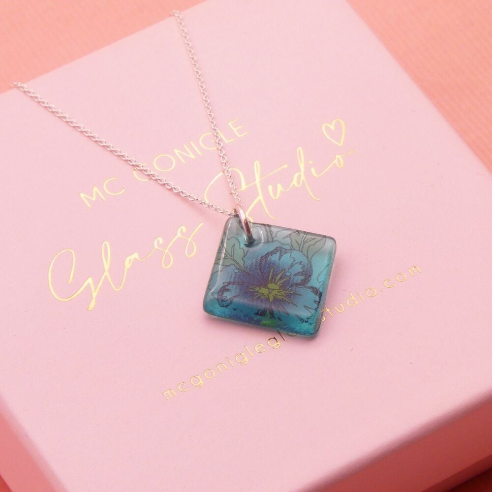 Teal glass tile necklace