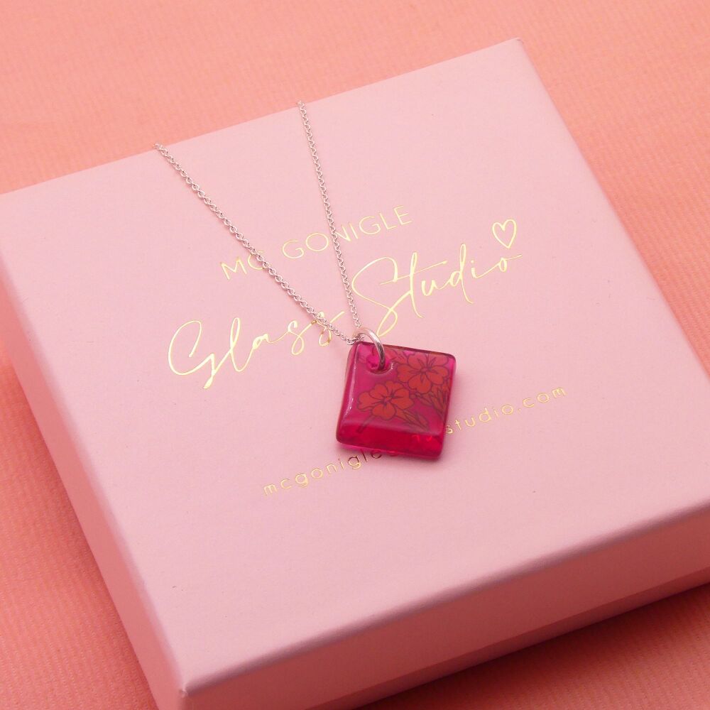 Raspberry pink glass tile necklace